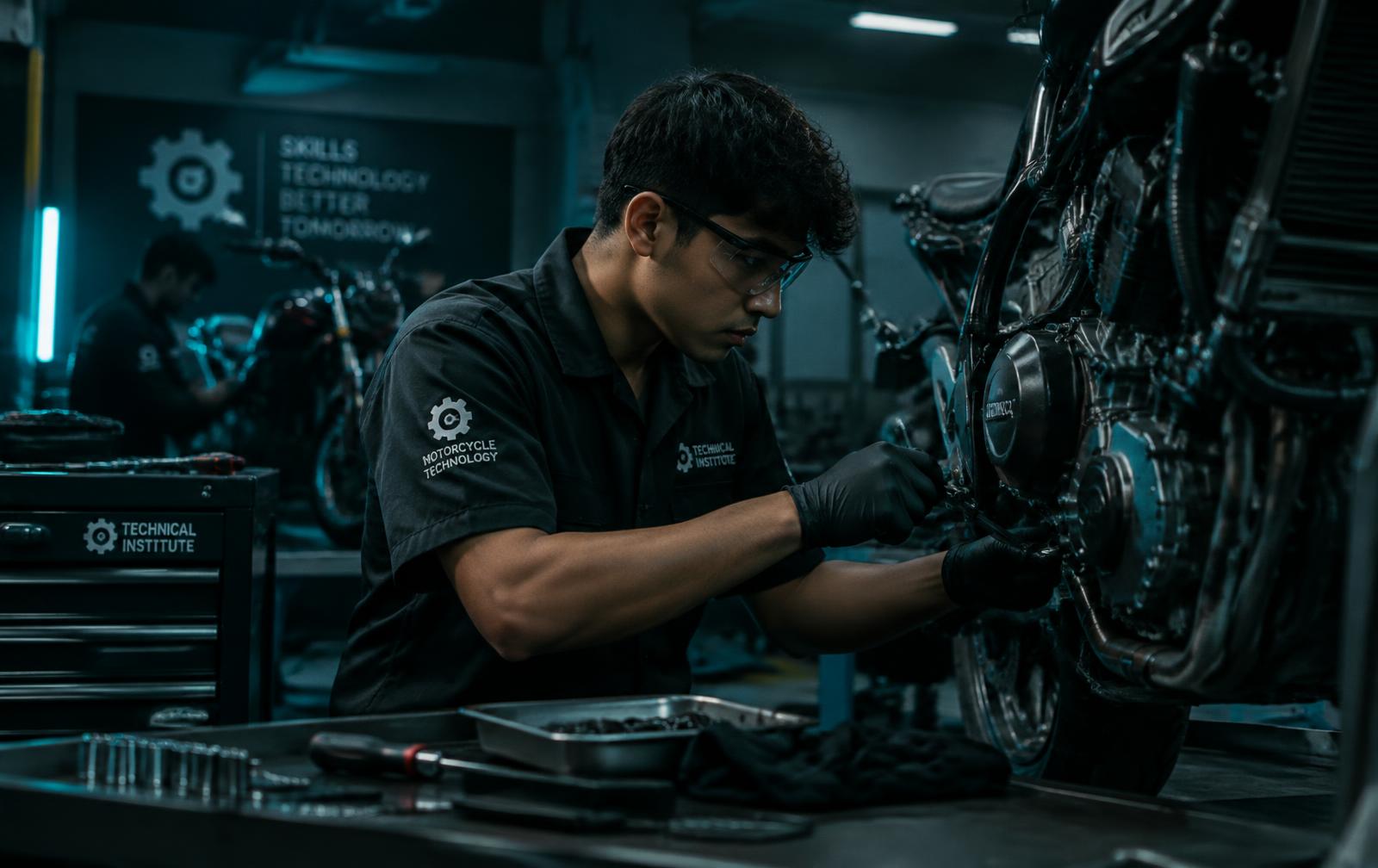 Estudiante de Mototécnica reparando una motocicleta